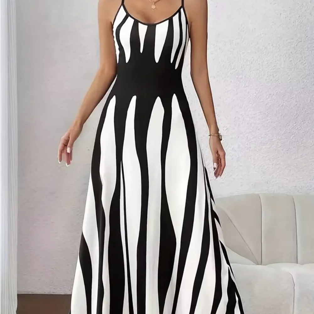 Elegant Black and White Striped Maxi Dress